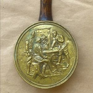 Very Old (Early 1900s) Brass and Wood “Men in a Tavern” Ashtray/Silent Butler